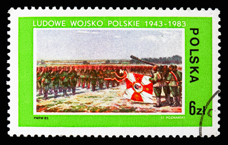 MOSCOW, RUSSIA - SEPTEMBER 15, 2018: A stamp printed in Poland shows Troop formation, Polish Peoples' Army, 40th Anniv serie, circa 1983のeditorial素材