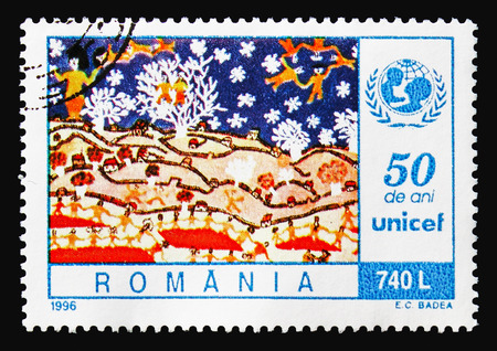 MOSCOW, RUSSIA - AUGUST 18, 2018: A stamp printed in Romania shows Children's Drawings, UNICEF and Habitat II serie, circa 1996のeditorial素材
