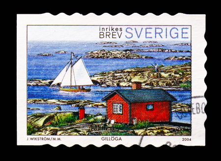 MOSCOW, RUSSIA - AUGUST 18, 2018: A stamp printed in Sweden shows The archipelago of Stockholm, Landscapes serie, circa 2004のeditorial素材