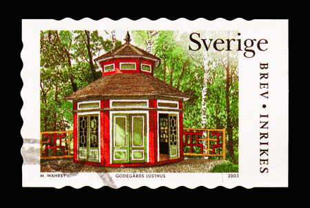 MOSCOW, RUSSIA - AUGUST 18, 2018: A stamp printed in Sweden shows House, Garden follies serie, circa 2003のeditorial素材