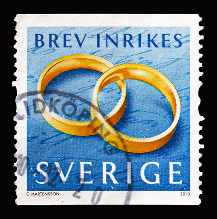 MOSCOW, RUSSIA - AUGUST 18, 2018: A stamp printed in Sweden shows Rings, Fine Arts (Jewellery) serie, circa 2010のeditorial素材