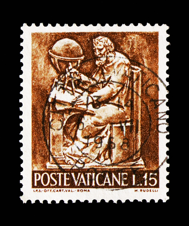 MOSCOW, RUSSIA - AUGUST 18, 2018: A stamp printed in Vatican shows Science, The work of human serie, circa 1966のeditorial素材