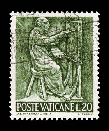 MOSCOW, RUSSIA - AUGUST 18, 2018: A stamp printed in Vatican shows Painting, The work of human serie, circa 1966のeditorial素材