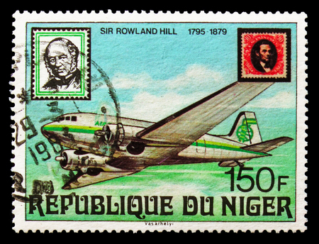 MOSCOW, RUSSIA - AUGUST 18, 2018: A stamp printed in Niger shows Airplane, Lincoln stamp, Sir Rowland Hill, Death Centary serie, circa 1979のeditorial素材