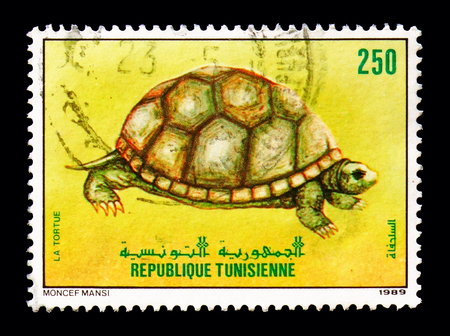 MOSCOW, RUSSIA - AUGUST 18, 2018: A stamp printed in Tunisia shows Turtle, Tunisian Fauna serie, circa 1989のeditorial素材
