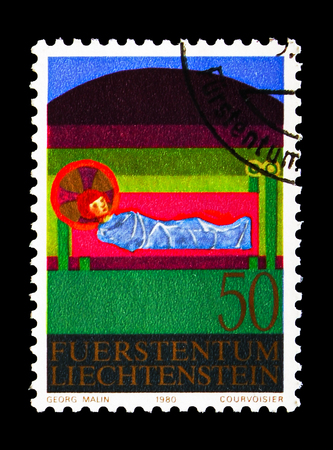 MOSCOW, RUSSIA - AUGUST 18, 2018: A stamp printed in Liechtenstein shows Scenes from the Bible, Christmas serie, circa 1980のeditorial素材