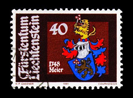 MOSCOW, RUSSIA - AUGUST 18, 2018: A stamp printed in Liechtenstein shows Anton Meier 1748, Heraldry serie, circa 1981のeditorial素材