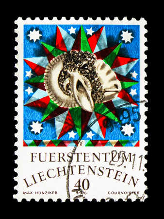 MOSCOW, RUSSIA - AUGUST 18, 2018: A stamp printed in Liechtenstein shows Aries, Zodiac serie, circa 1976のeditorial素材