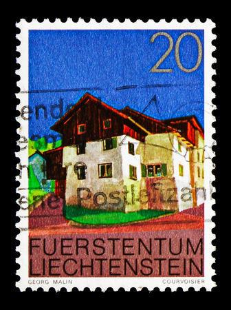 MOSCOW, RUSSIA - AUGUST 18, 2018: A stamp printed in Liechtenstein shows Upper village of Triesen, Buildings serie, circa 1978のeditorial素材
