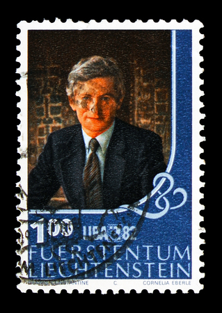 MOSCOW, RUSSIA - AUGUST 18, 2018: A stamp printed in Liechtenstein shows Prince Hans Adam, Stamp exhibition LIBA serie, circa 1982のeditorial素材