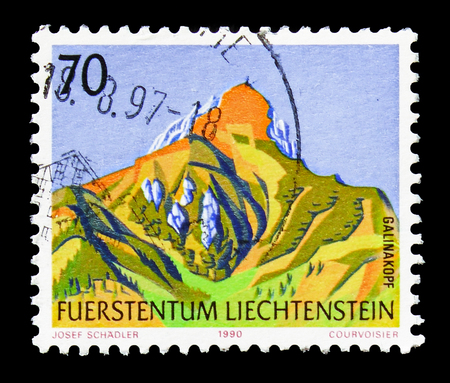 MOSCOW, RUSSIA - AUGUST 18, 2018: A stamp printed in Liechtenstein shows Galinakopf, Mountains serie, circa 1990のeditorial素材