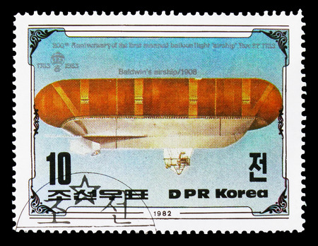 MOSCOW, RUSSIA - AUGUST 18, 2018: A stamp printed in Korea shows Baldwin's airship 1908, serie, circa 1982のeditorial素材