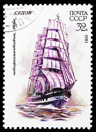 MOSCOW, RUSSIA - OCTOBER 21, 2018: A stamp printed in USSR (Russia) shows Four-masted barque "Sedov", Cadet Sailing Fleet of the USSR serie, circa 1981のeditorial素材