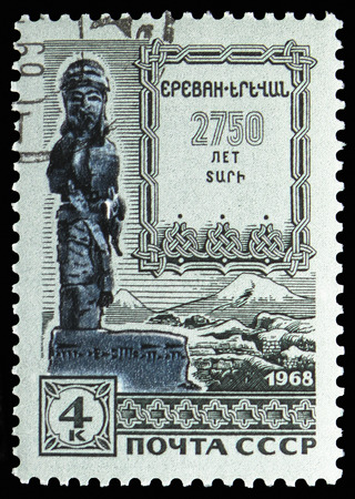 MOSCOW, RUSSIA - OCTOBER 21, 2018: A stamp printed in USSR (Russia) shows Statuette Warrior, 2750th Anniversary of Yerevan serie, circa 1968のeditorial素材