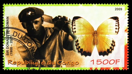MOSCOW, RUSSIA - OCTOBER 21, 2018: A stamp printed in Congo shows Sir Donald Brandman, Butterflies serie, circa 2009のeditorial素材