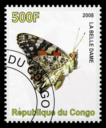 MOSCOW, RUSSIA - OCTOBER 21, 2018: A stamp printed in Congo shows La belle Dame butterfly, Butterflies serie, circa 2008のeditorial素材