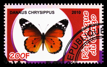 MOSCOW, RUSSIA - OCTOBER 21, 2018: A stamp printed in Congo shows Danaus Chrysippus, Butterflies serie, circa 2010のeditorial素材