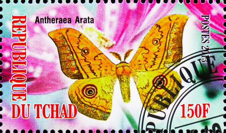 MOSCOW, RUSSIA - OCTOBER 21, 2018: A stamp printed in Chad shows Antheraea Arata, Butterflies serie, circa 2013のeditorial素材