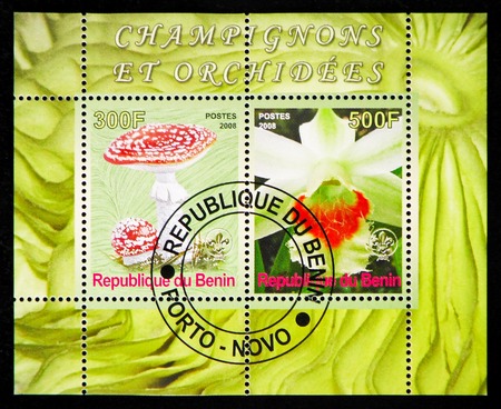 MOSCOW, RUSSIA - OCTOBER 21, 2018: A stamp printed in Benin shows Two stamps block from the Mushrooms and Orchids serie, circa 2008のeditorial素材