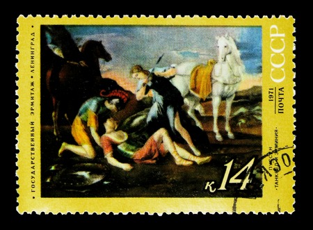 MOSCOW, RUSSIA - MARCH 31, 2018: A stamp printed in USSR (Russia) shows Tancred and Erminia 1625-1627, Poussin (1594-1665),  serie, circa 1971のeditorial素材
