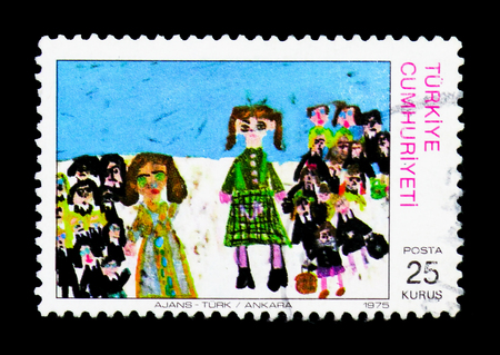 MOSCOW, RUSSIA - MARCH 28, 2018: A stamp printed in Turkey shows Children drawings, serie, circa 1975のeditorial素材