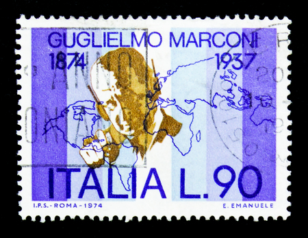 MOSCOW, RUSSIA - APRIL 15, 2018: A stamp printed in Italy shows Gugliemo Marconi, Death of Guglielmo Marconi serie, circa 1974のeditorial素材