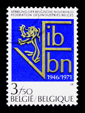 MOSCOW, RUSSIA - APRIL 15, 2018: A stamp printed in Belgium shows Emblem of FIB - VBN - Federation of Belgian Industries, circa 1971のeditorial素材