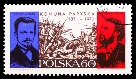 MOSCOW, RUSSIA - SEPTEMBER 15, 2018: A stamp printed in Poland shows Fighting in Pouilly Casle, Jaroslaw Dabrowski,Walery Wrobleski, Centenary Of The Paris Commune serie, circa 1971のeditorial素材