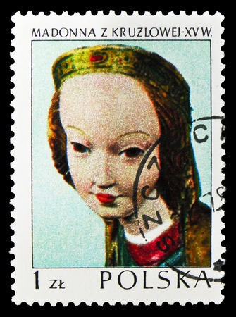 MOSCOW, RUSSIA - SEPTEMBER 15, 2018: A stamp printed in Poland shows Kruzlowa Madonna, 1410, Polish Art serie, circa 1973のeditorial素材
