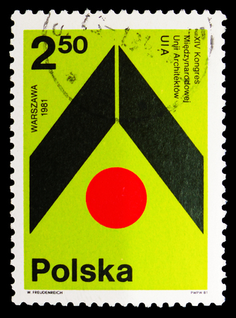 MOSCOW, RUSSIA - SEPTEMBER 15, 2018: A stamp printed in Poland devoted to International Arcitects Union, 14th Congress, Warsaw, circa 1981のeditorial素材