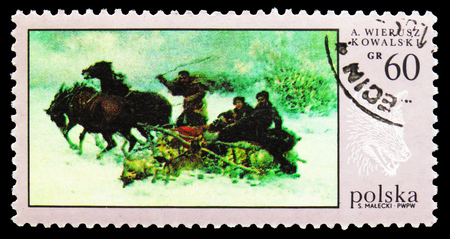 MOSCOW, RUSSIA - SEPTEMBER 15, 2018: A stamp printed in Poland shows Wolves' Raid, by A. Wierusz-Kowalski, Hunt Paintings serie, circa 1968のeditorial素材