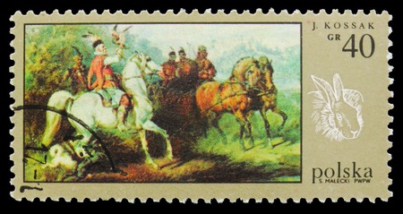 MOSCOW, RUSSIA - SEPTEMBER 15, 2018: A stamp printed in Poland shows Hunting with Falcon, by Juliusz Kossak, Hunt Paintings serie, circa 1968のeditorial素材