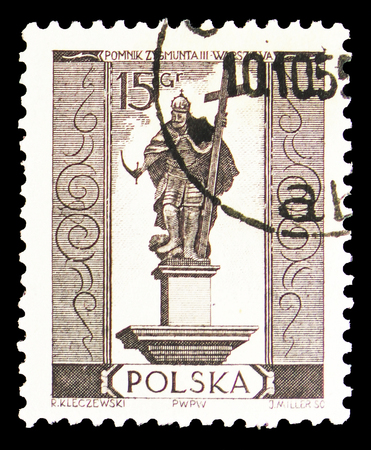 MOSCOW, RUSSIA - SEPTEMBER 15, 2018: A stamp printed in Poland shows Zygmunt III Waza, Warsaw Monuments serie, circa 1955のeditorial素材