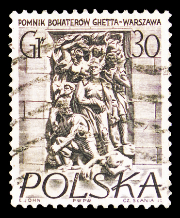 MOSCOW, RUSSIA - SEPTEMBER 15, 2018: A stamp printed in Poland shows The Ghetto Heroe's Memorial, Warsaw Monuments serie, circa 1956のeditorial素材