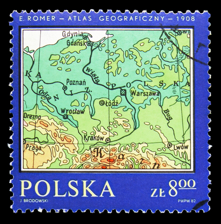 MOSCOW, RUSSIA - SEPTEMBER 15, 2018: A stamp printed in Poland shows Poland, Romer's Atlas, Map of Poland serie, circa 1982のeditorial素材