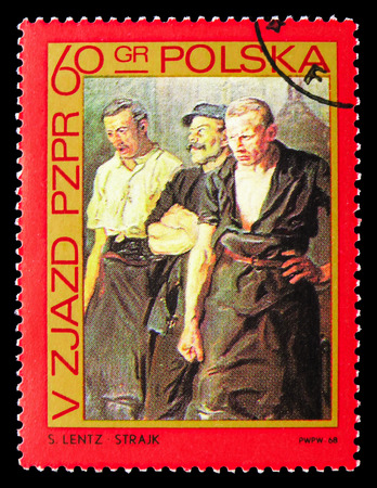 MOSCOW, RUSSIA - SEPTEMBER 15, 2018: A stamp printed in Poland shows Strike by Stanislaw Lentz, 5th...