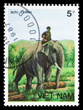 MOSCOW, RUSSIA - SEPTEMBER 26, 2018: A stamp printed in Vietnam shows Asian Elephant (Elephas maximus), Animals serie, circa 1987のeditorial素材