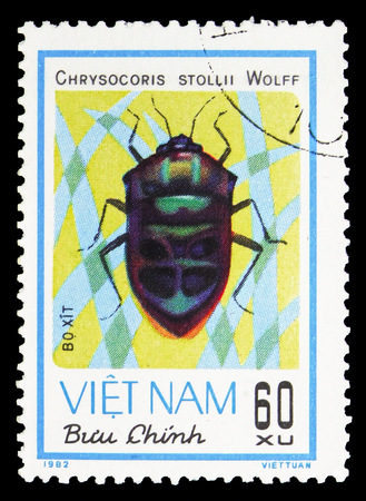 MOSCOW, RUSSIA - SEPTEMBER 26, 2018: A stamp printed in Vietnam shows Shield-backed Bug (Chrysocoris...