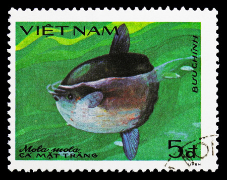 MOSCOW, RUSSIA - SEPTEMBER 26, 2018: A stamp printed in Vietnam shows Ocean Sunfish (Mola mola), Fish serie, circa 1984のeditorial素材