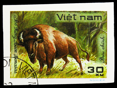 MOSCOW, RUSSIA - SEPTEMBER 26, 2018: A stamp printed in Vietnam shows European Bison (Bison bonasus), World wild animals serie, circa 1981のeditorial素材