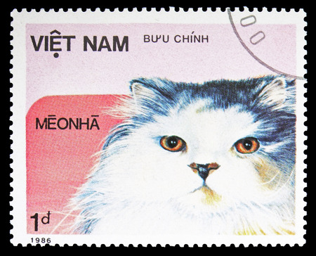 MOSCOW, RUSSIA - SEPTEMBER 26, 2018: A stamp printed in Vietnam shows , Domestic Cats serie, circa 1986のeditorial素材