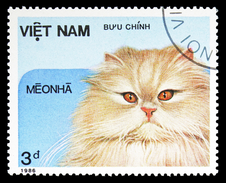 MOSCOW, RUSSIA - SEPTEMBER 26, 2018: A stamp printed in Vietnam shows , Domestic Cats serie, circa 1986のeditorial素材