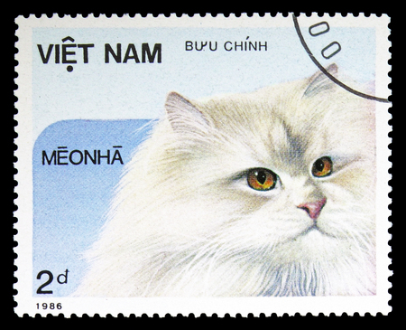 MOSCOW, RUSSIA - SEPTEMBER 26, 2018: A stamp printed in Vietnam shows , Domestic Cats serie, circa 1986のeditorial素材
