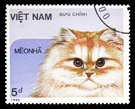 MOSCOW, RUSSIA - SEPTEMBER 26, 2018: A stamp printed in Vietnam shows , Domestic Cats serie, circa 1986のeditorial素材