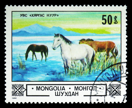 MOSCOW, RUSSIA - SEPTEMBER 26, 2018: A stamp printed in Mongolia shows Horse (Equus ferus caballus) at Uvs Lake, Animals and landscapes serie, circa 1982のeditorial素材
