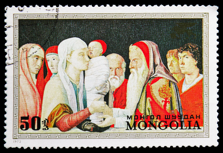 MOSCOW, RUSSIA - NOVEMBER 26, 2018: A stamp printed in Mongolia shows Presentation in the tempel (Bellini), Paintings by Venetian Masters serie, circa 1972のeditorial素材