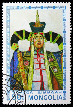 MOSCOW, RUSSIA - NOVEMBER 26, 2018: A stamp printed in Mongolia shows Fixed Garment, Mongolian paintings masterfully serie, circa 1975のeditorial素材