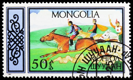 MOSCOW, RUSSIA - NOVEMBER 26, 2018: A stamp printed in Mongolia shows Race, Equestrian Sports serie, circa 1987のeditorial素材