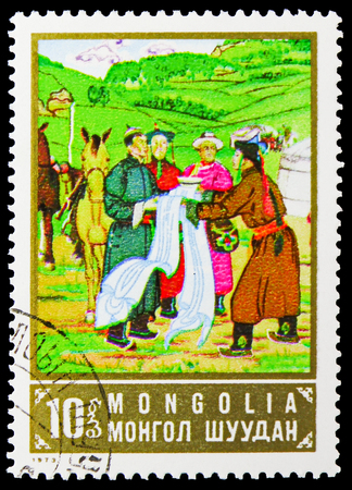 MOSCOW, RUSSIA - NOVEMBER 26, 2018: A stamp printed in Mongolia shows Birthday D. Suchbaatar (1893-1923), Paintings serie, circa 1973のeditorial素材