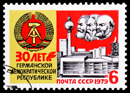 MOSCOW, RUSSIA - JANUARY 4, 2019: A stamp printed in USSR (Russia) devoted to 30th Anniversary German Democratic Republic, serie, circa 1979のeditorial素材